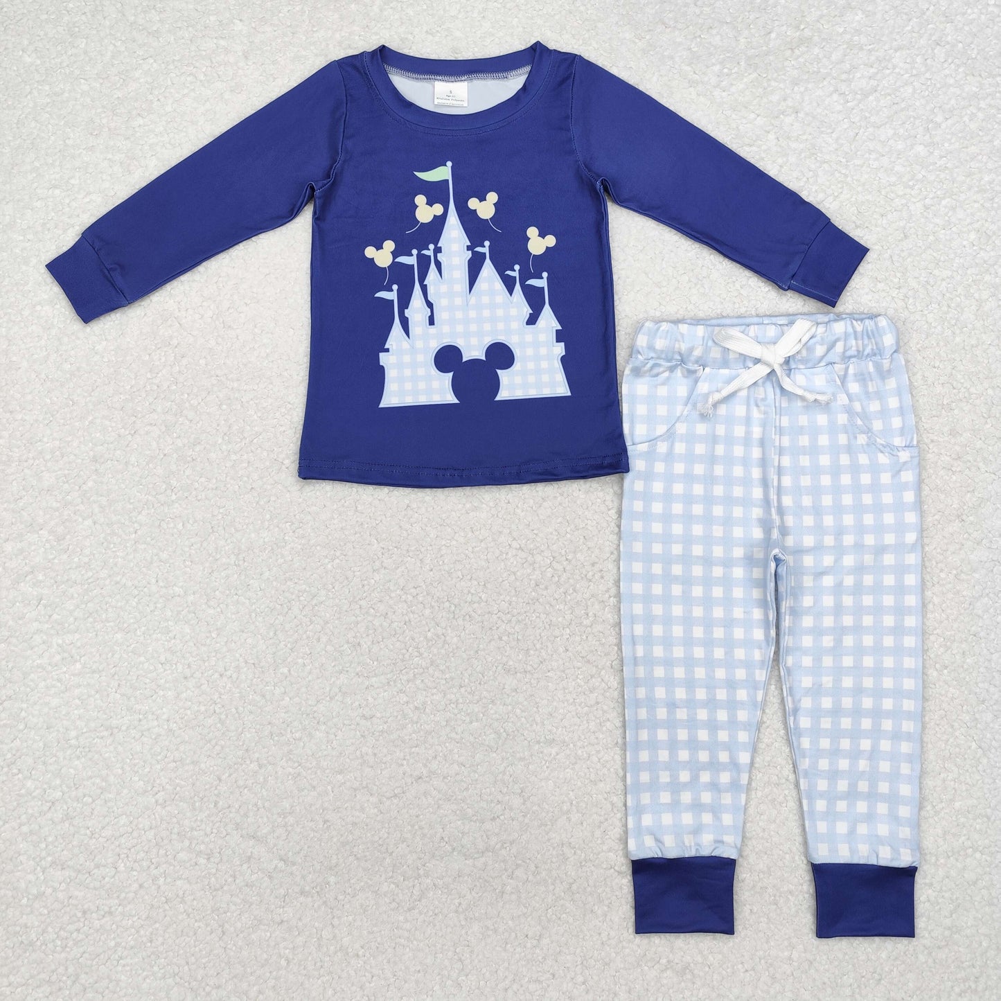 BLP0753 cartoon M castle navy blue long sleeve blue checkered pants boys set