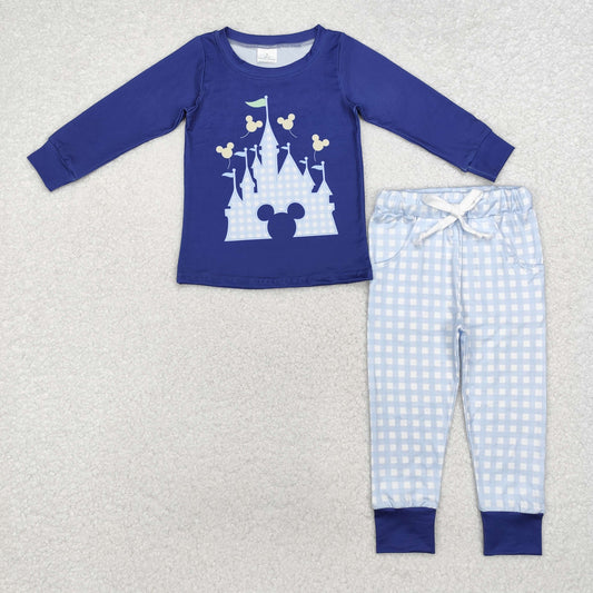 BLP0753 cartoon M castle navy blue long sleeve blue checkered pants boys set