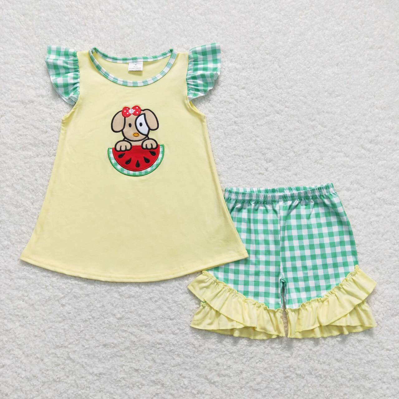 GSSO0483 embroidery Watermelon Dog Yellow Flutter Sleeve Green Checkered Ruffles Shots Girls Summer Set