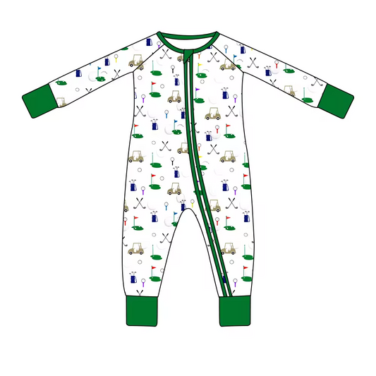 custom cute golf car green long sleeve girls zipper romper