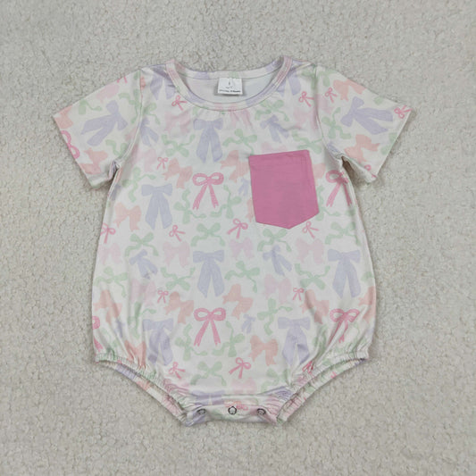 SR3731 Colorful Bows Pink Pocket Short Sleeve Girls Romper