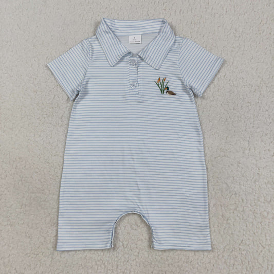 embroidery SR3149 mallard duck blue striped short sleeve boys romper