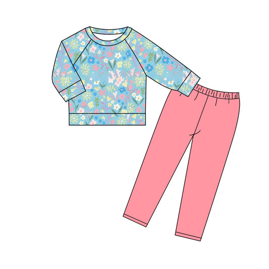 custom moq 8 floral flowers bows blue long sleeve pink pants girls set