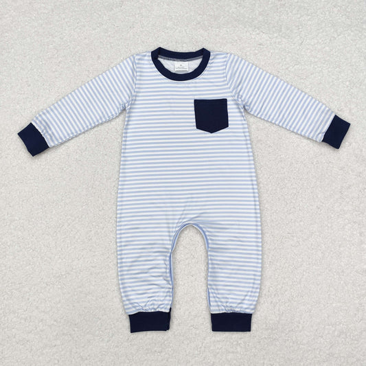 LR1805 blue striped pocket long sleeve boys romper