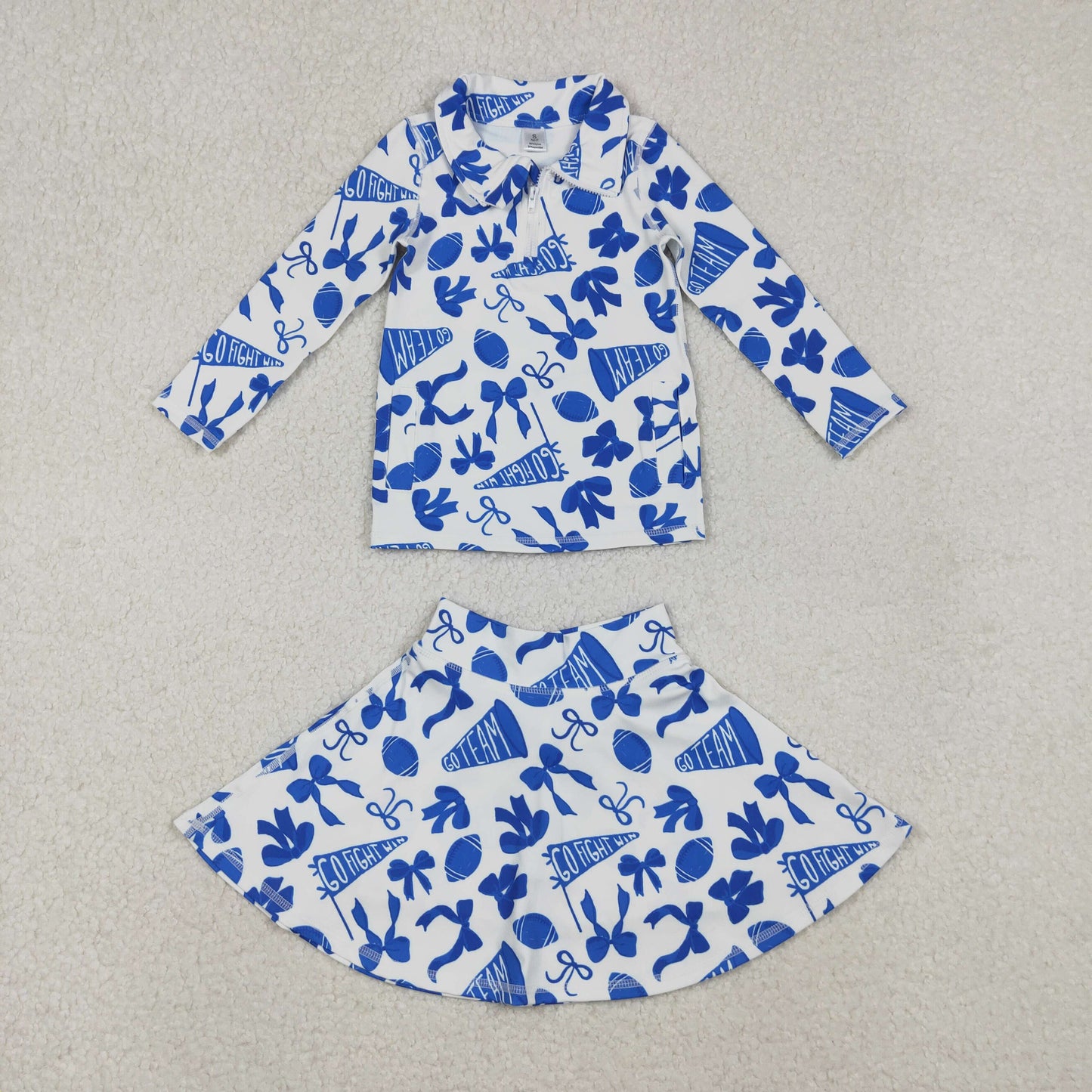 GLD1283 football blue bows zipper long sleeve skorts skirt girls set