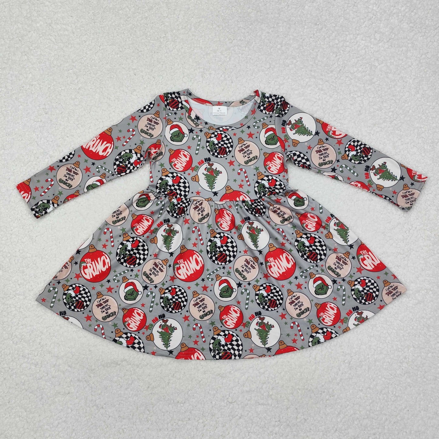 GLD0905 Christmas cane candy green face long sleeve girls dress