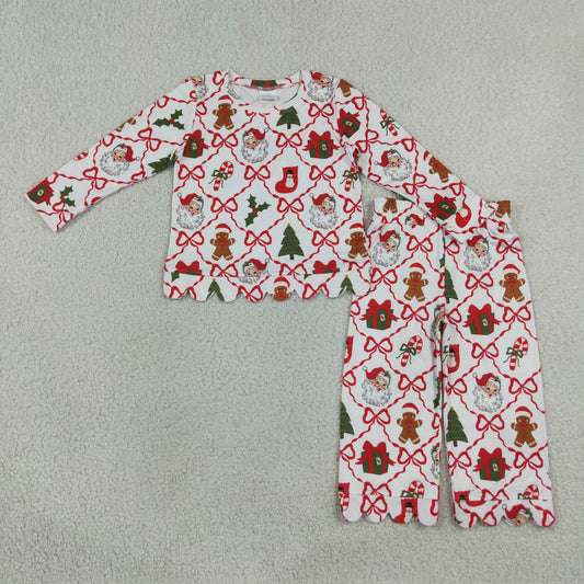 GLP3447 Christmas Santa Tree Bows Long Sleeve Pants Girls Set