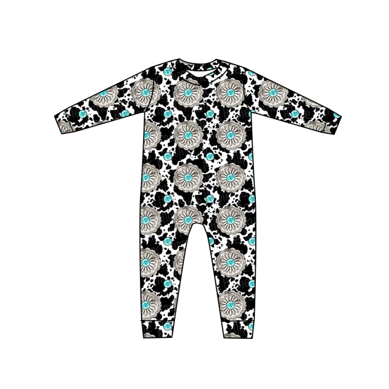 Custom moq 3 Cow print gem zipper long sleeve girls romper