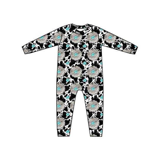 Custom moq 3 Cow print gem zipper long sleeve girls romper
