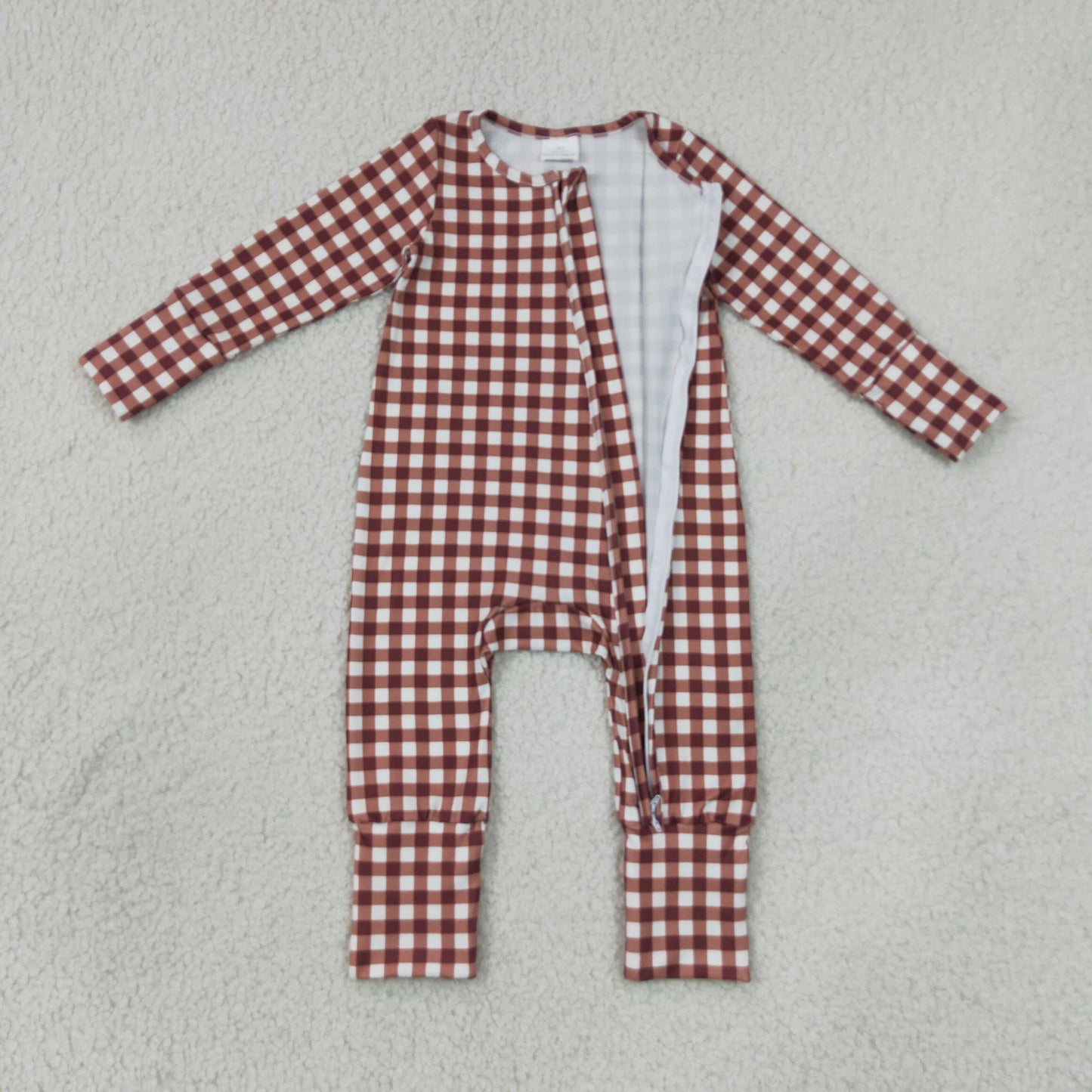 LR3113 Brown Checkered Zipper Long Sleeve Boys Romper