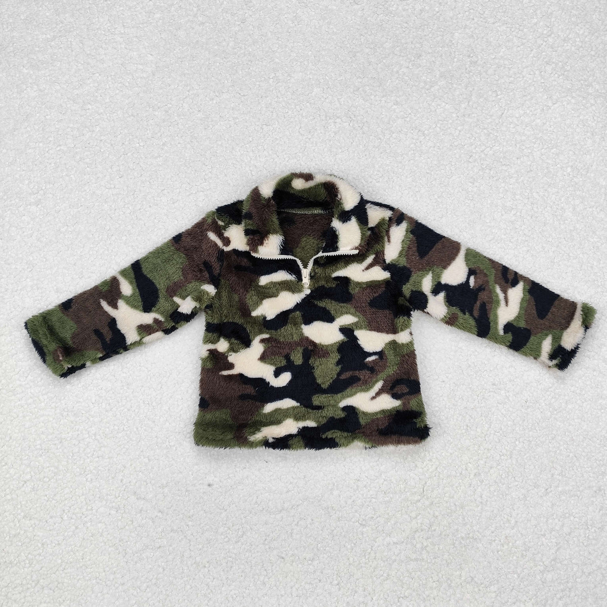 BT0737 Green Camo Fur Zipper Boys Pullover Warm Plush Pullover