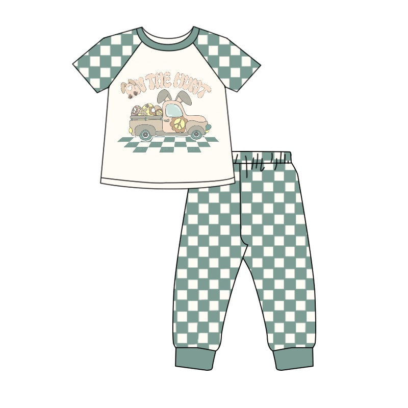 preorder BSPO0211 Easter on the hunt truck egg short sleeve green checkered pants boys set