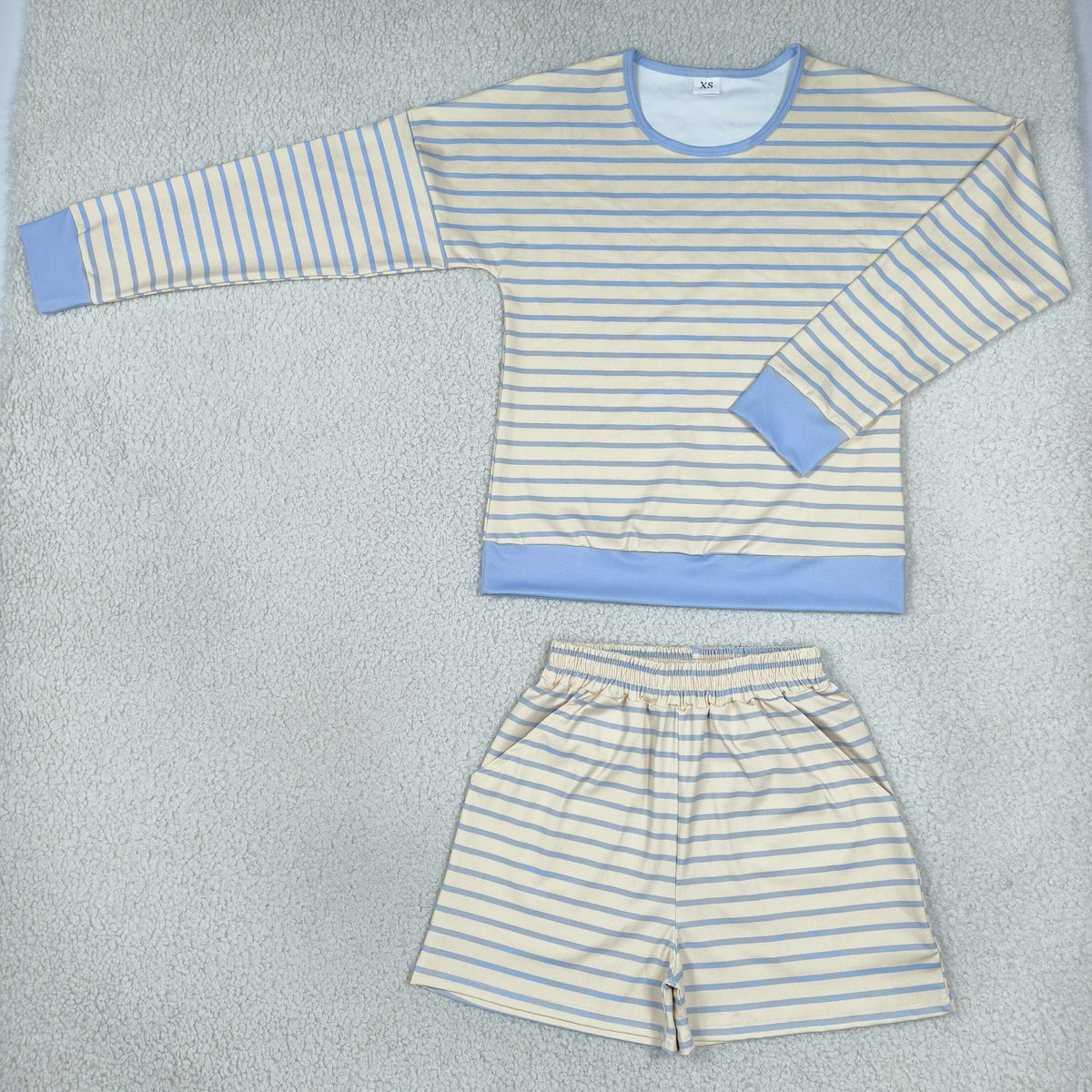 GLS0138 Yoga Yellow Blue Striped Long Sleeve Shorts Adult Women Set
