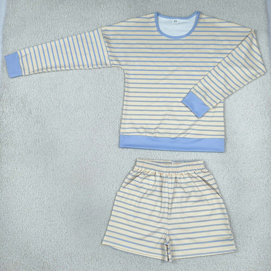 GLS0138 Yoga Yellow Blue Striped Long Sleeve Shorts Adult Women Set
