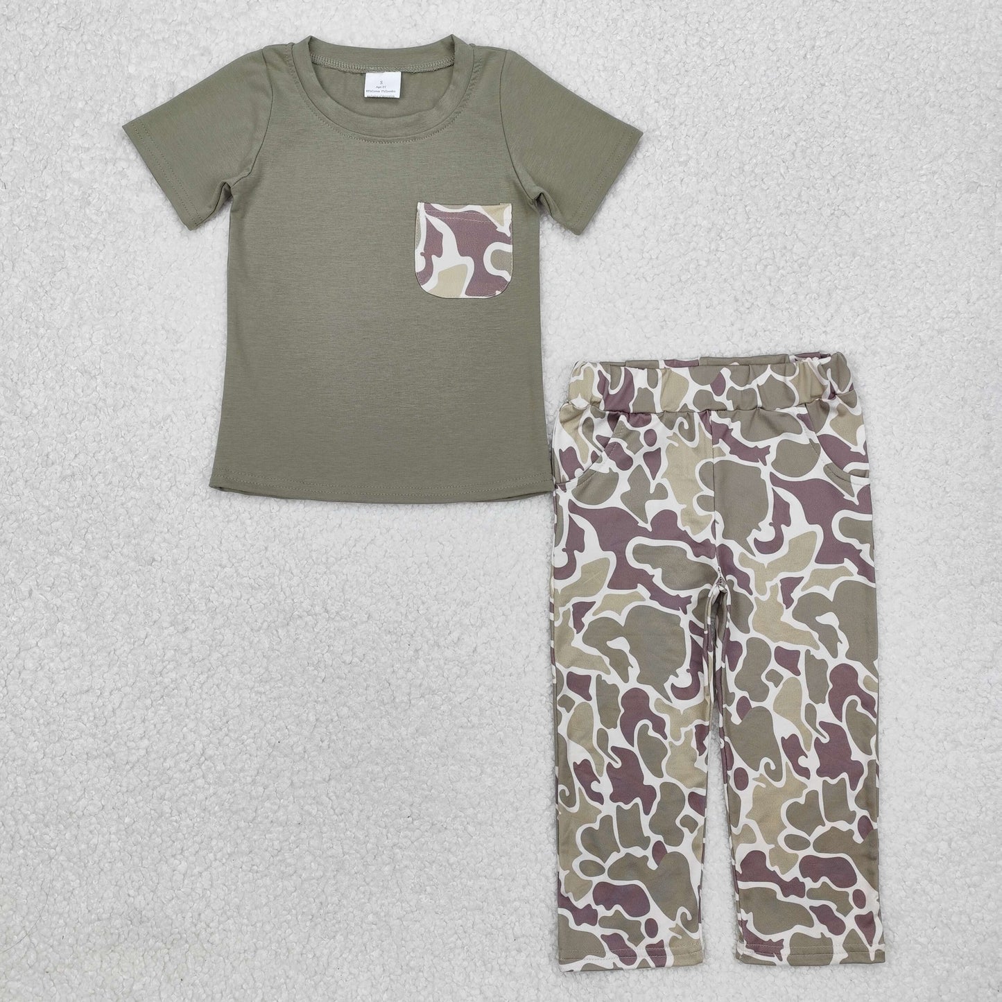 BSPO0521 hunting camo green pocket short sleeve duck camo dog pants boys set