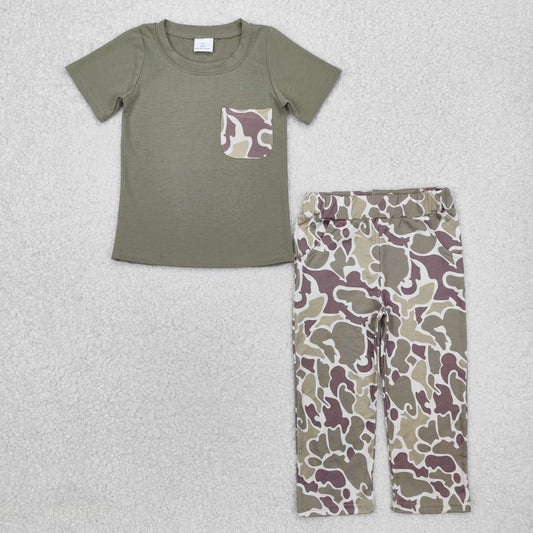 BSPO0521 hunting camo green pocket short sleeve duck camo dog pants boys set