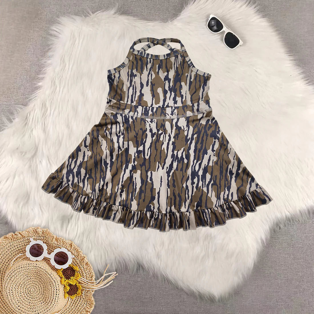 yoga dress with shorts camo/bows RTS Sibling Clothes
