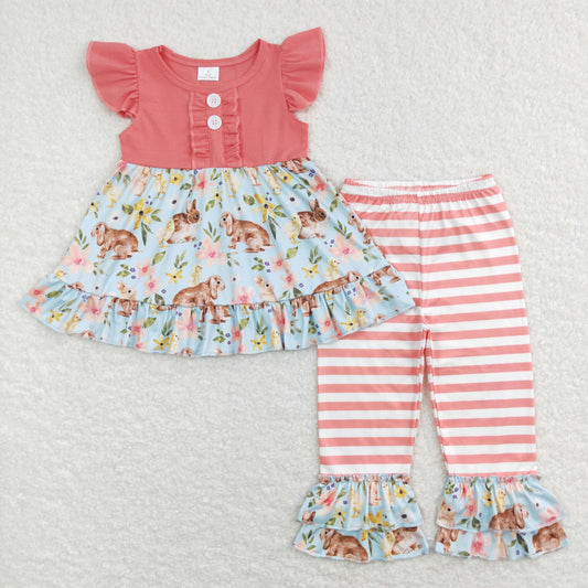 GSPO1132 Easter Rabbit Orange Flutter Sleeve Orange Striped Ruffles Pants Girls Set