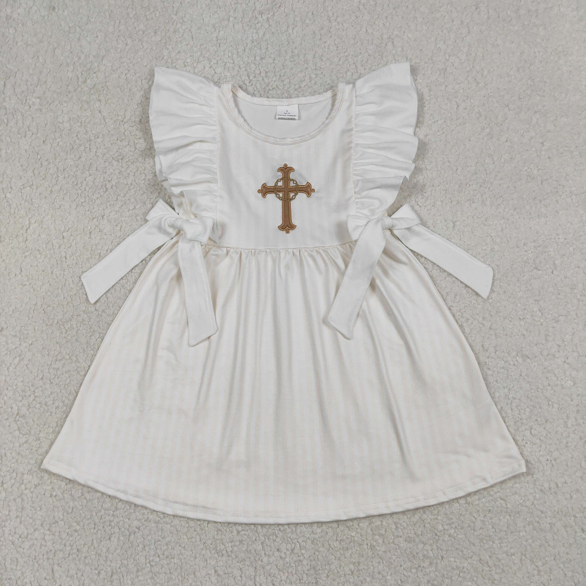 Embroidery GSD2904 Easter Cross White Bows Flutter Sleeve Girls Dress