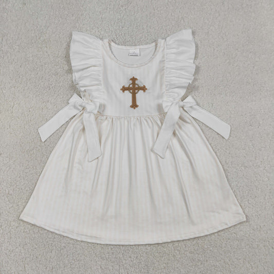 Embroidery GSD2904 Easter Cross White Bows Flutter Sleeve Girls Dress