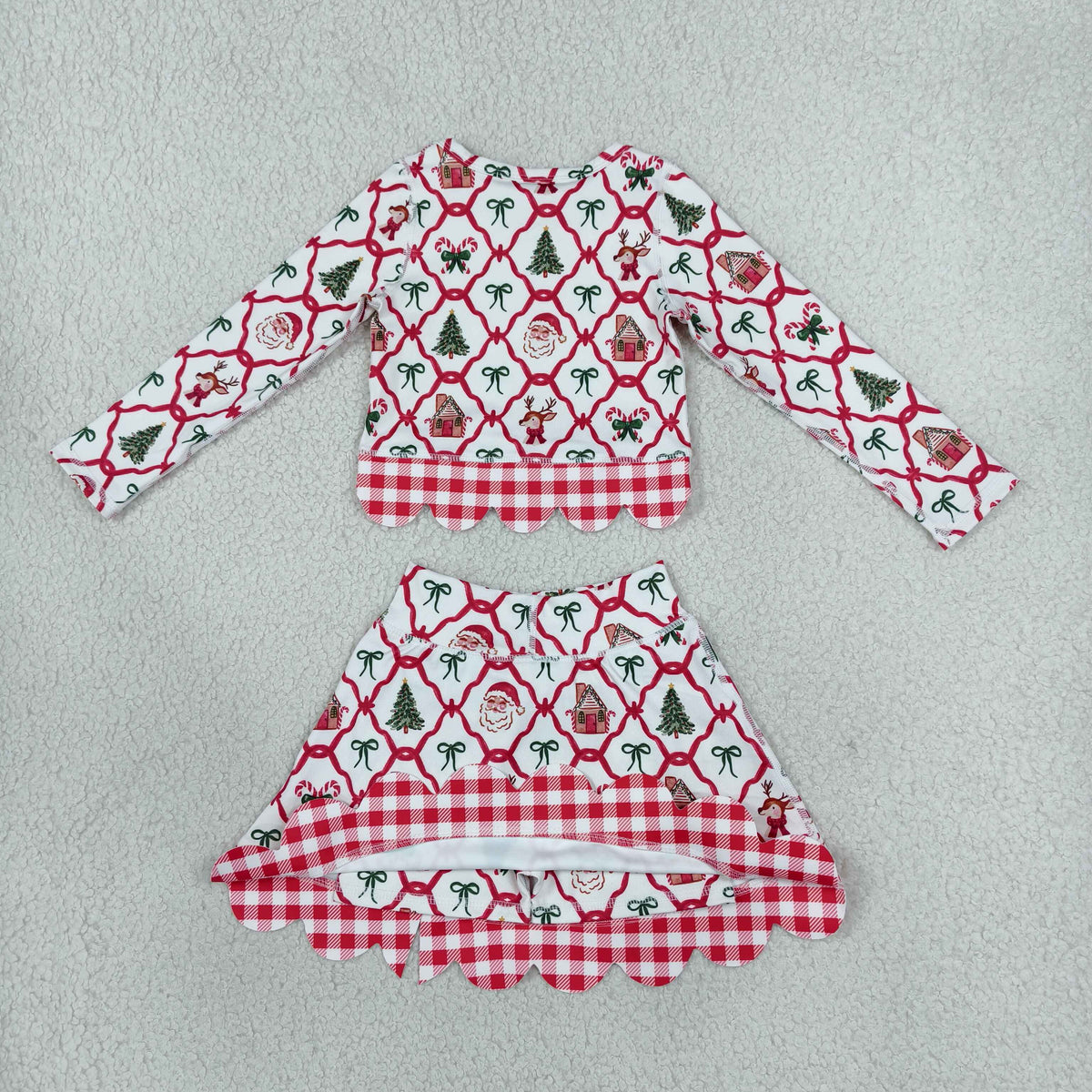 GLD1676 Yoga Scallop Christmas Santa Bows Long Sleeve Bows Skorts Girls Set