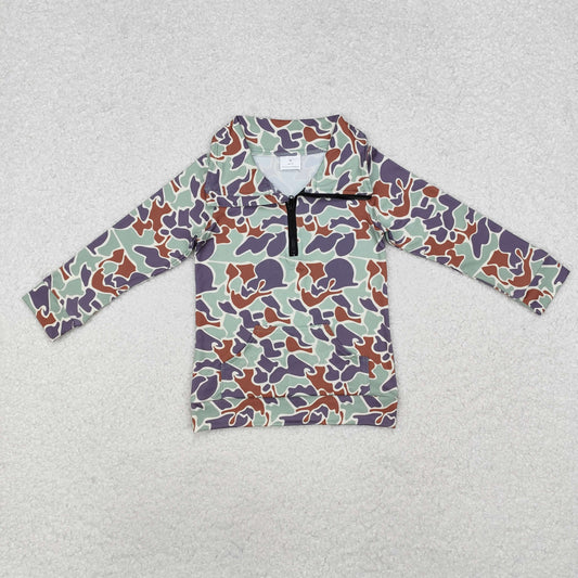BT1042 green camo long sleeve zipper boys pullover