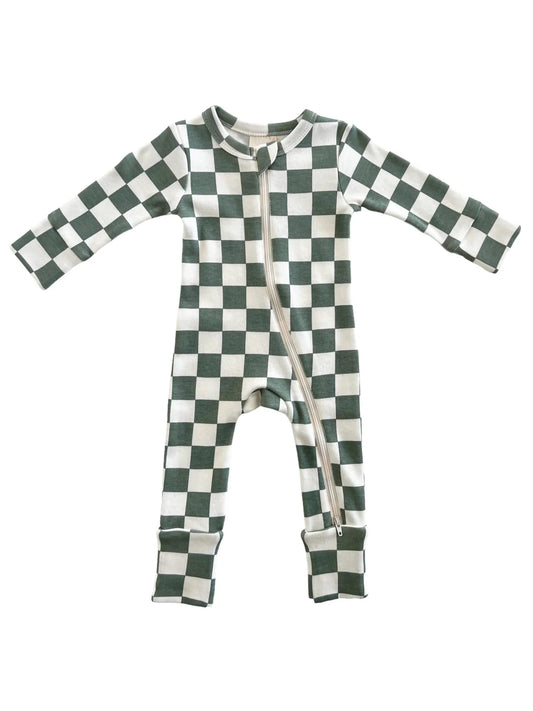 custom style green checkered long sleeve baby zipper romper