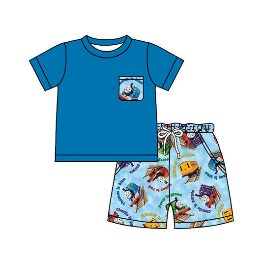 custom S train blue pocket short sleeve blue shorts boys set