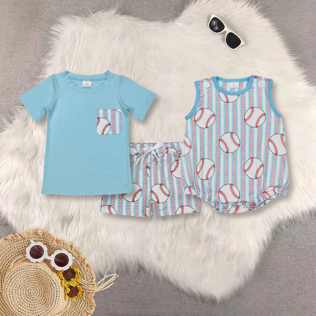 baseball striped Summer boys set/romper RTS sibling clothes