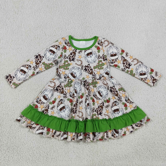 GLD1213 Western Christmas cactus Santa holly berry green long sleeve girls dress