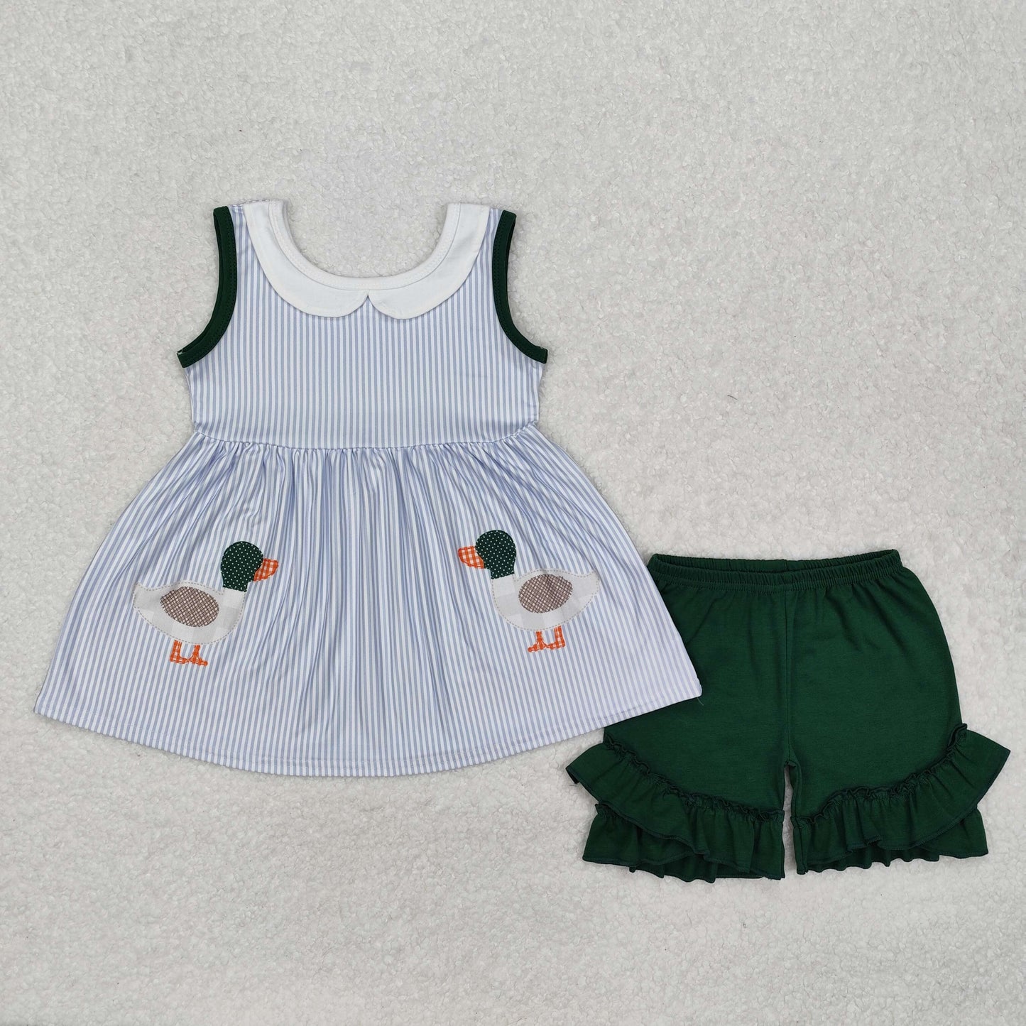 GSSO1658 cute mallard duck striped sleeveless green shorts girls set