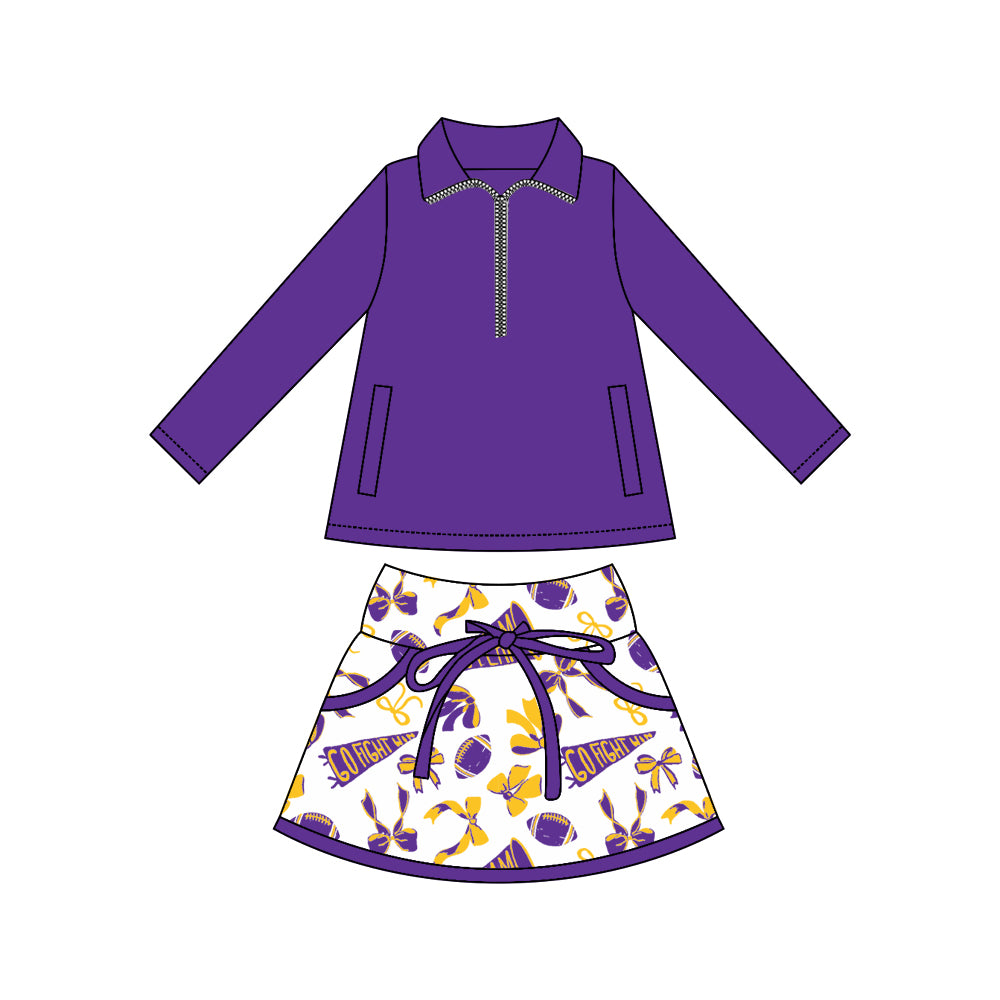 custom moq 3 football item yoga purple zipper long sleeve cheer bows skorts skirt girls set