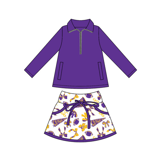 custom moq 3 football item yoga purple zipper long sleeve cheer bows skorts skirt girls set