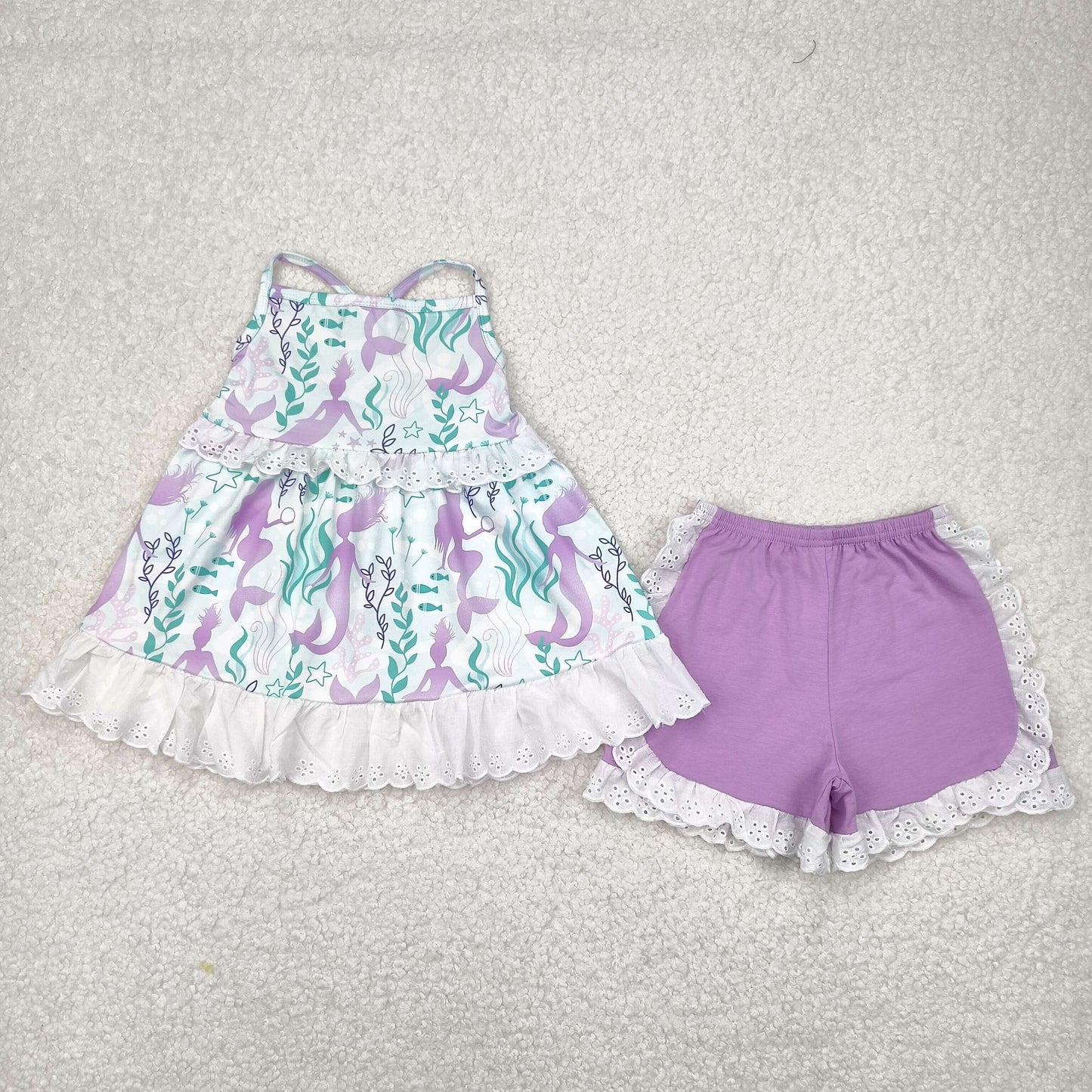 GSSO1675 purple mermaid  green sleeveless purple shorts girls set