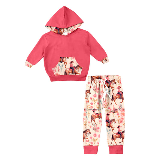 preorder GLP0781 Western horse riding hot pink long sleeve hoodie girls set