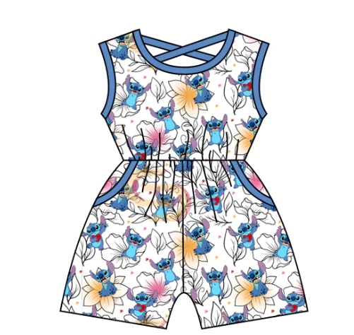 preorder SR1475 cartoon cute dog flowers sleeveless blue sleeveless girls jumpsuits