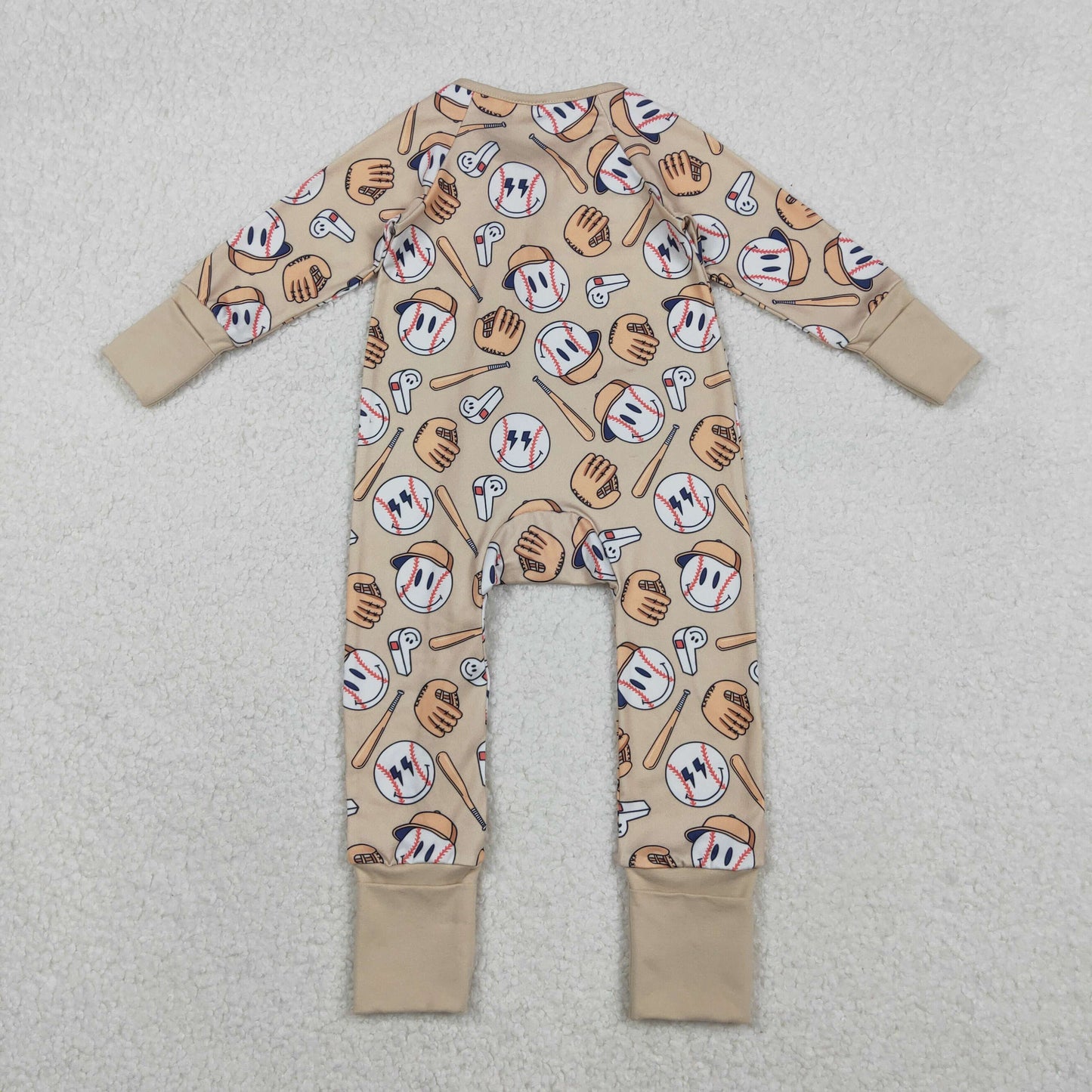 LR2816 baseball smile khaki zipper long sleeve boys romper