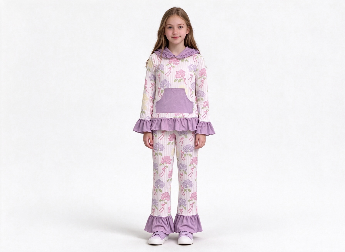 preorder Samples GLP3521 Flowers Purple Pocket Hoodie Long Sleeve Pants Girls Set