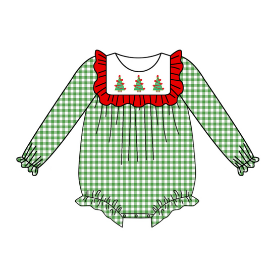 custom S 8.19 Christmas tree green long sleeve girls romper