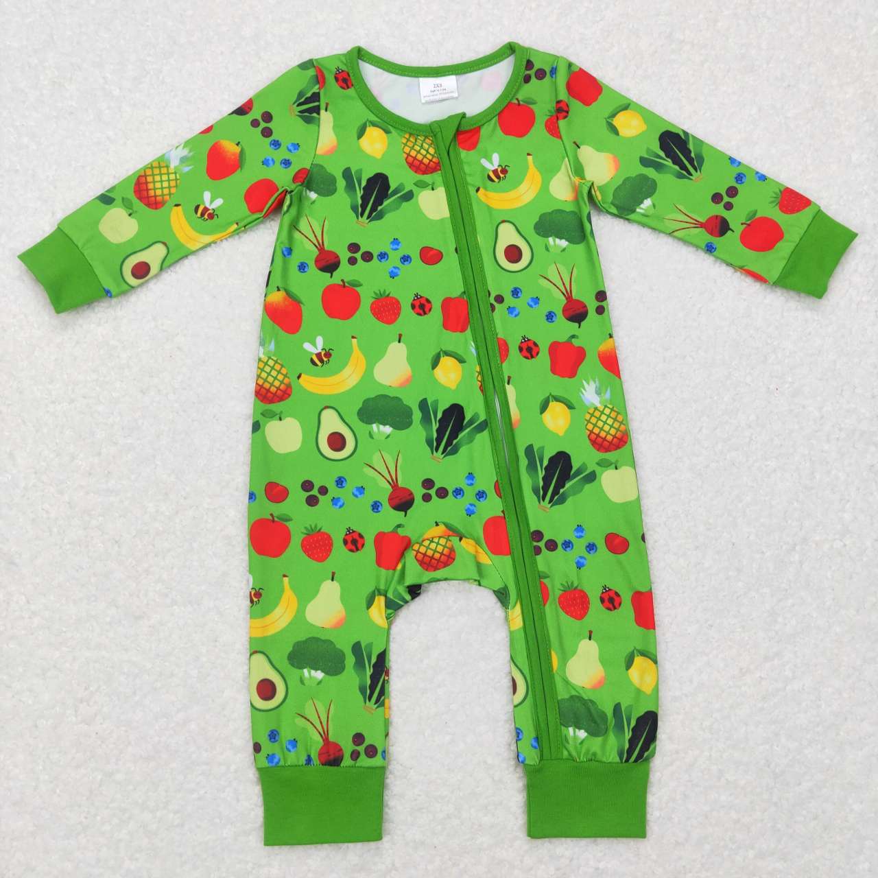 LR07381 Fruits banana apple pear green long sleeve zipper kids romper baby clothes