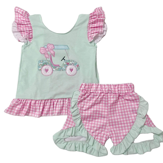 custom moq 3  Golf car green flutter sleeve hot pink checkered shorts girls set