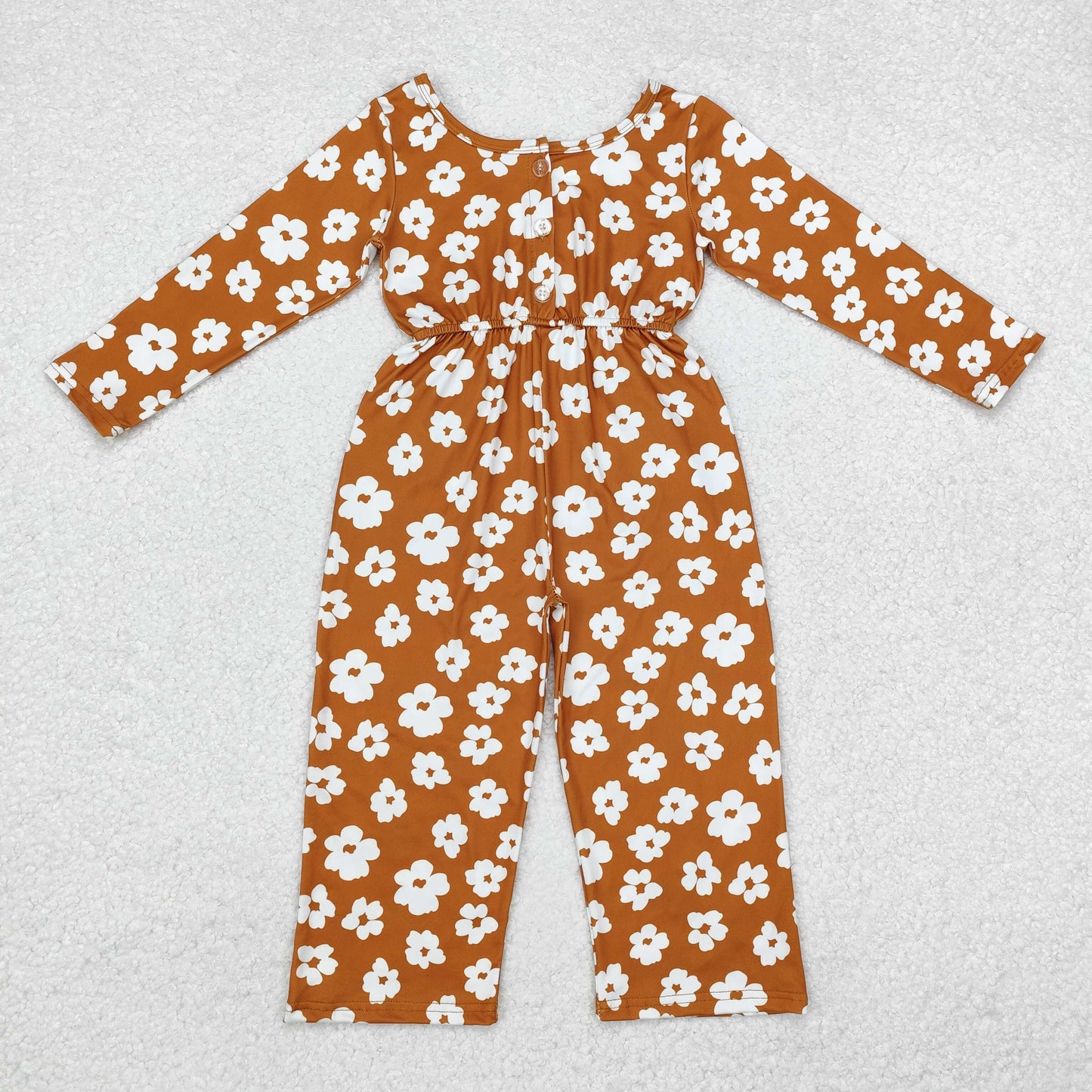 LR1838 white flowers brown long sleeve girls floral jumpsuits
