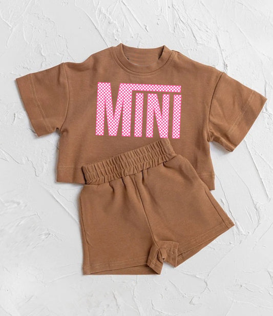 custom moq 3 mini brown short sleeve shorts kids set