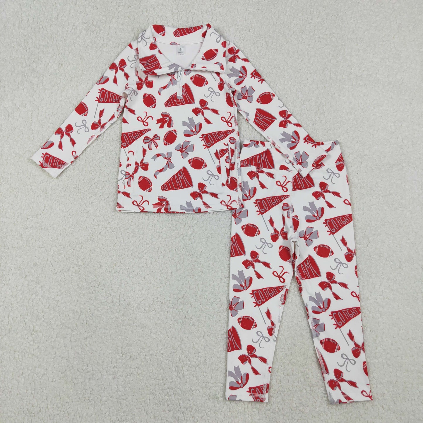 GLP2860 yoga go fight cheer red grey bows zipper long sleeve pants girls set