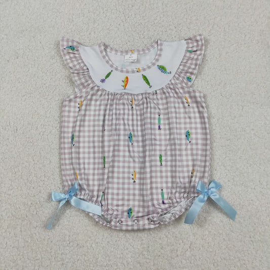 Embroidery SR3395 fishing checkered flutter sleeve girls romper
