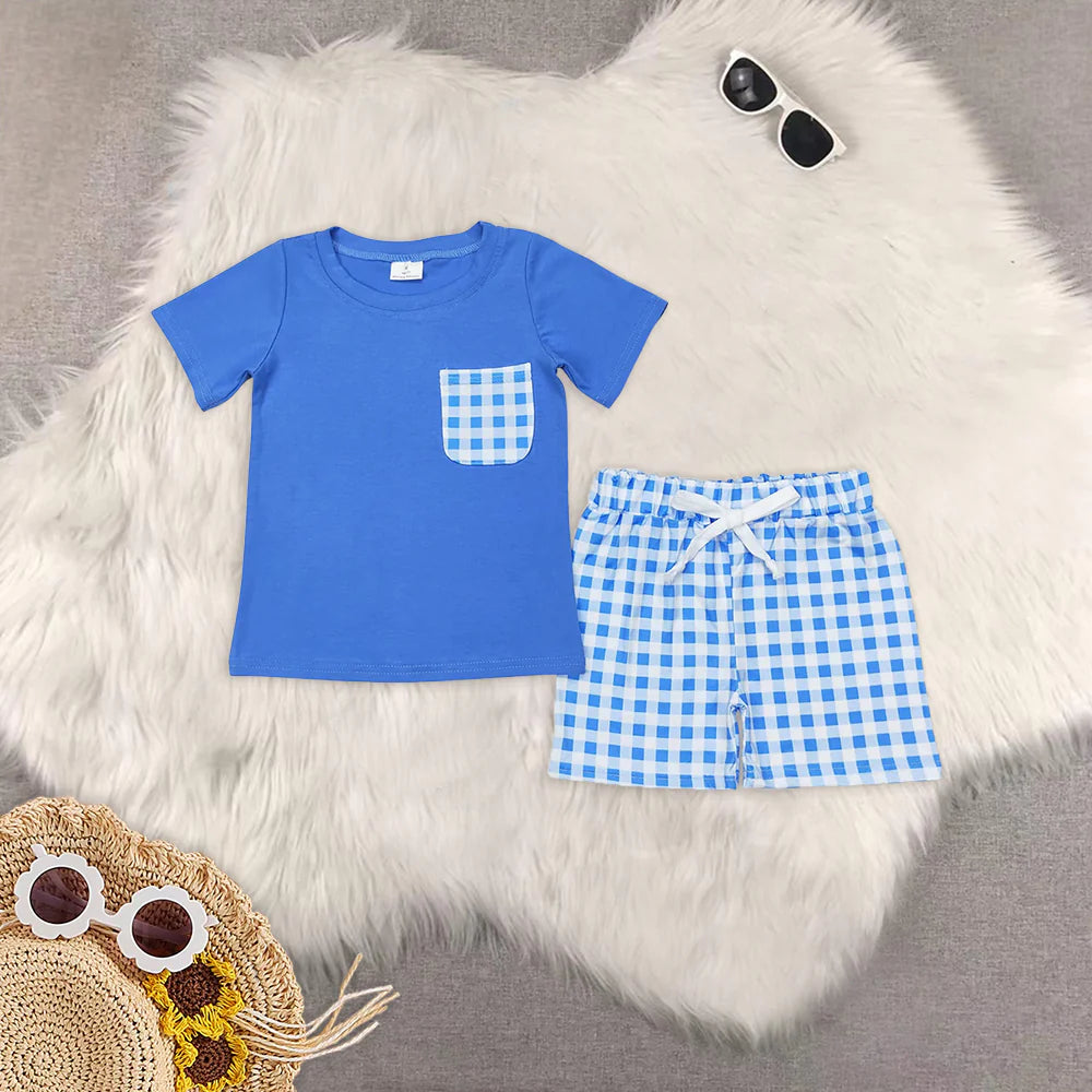 blue checkered Summer boys set/romper RTS sibling clothes