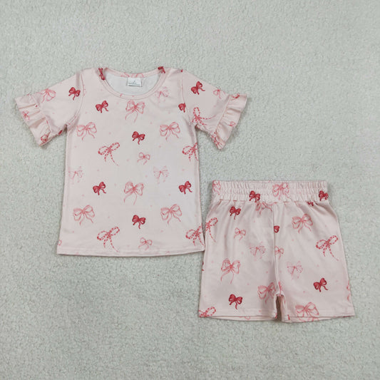 GSSO2996 Pink Bows Short Sleeve Shorts Girls Set