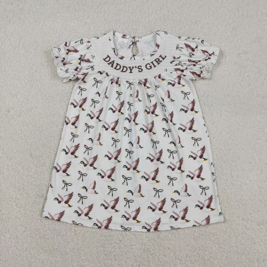 Embroidery Smocked GSD2933 Daddy's Girl Hunting Mallard Duck Bows Short Sleeve Girls Dress