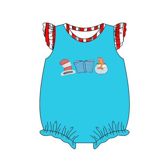 MOQ 3 Custom Cartoon Dr Book Fish Blue Flutter Sleeve Girls Romper