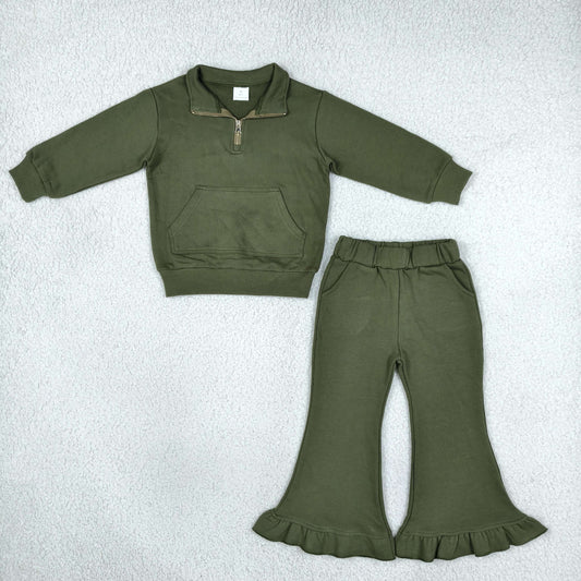 GLP3492 Green Sweatshirt Pocket Zipper Long Sleeve Pants Girls Set